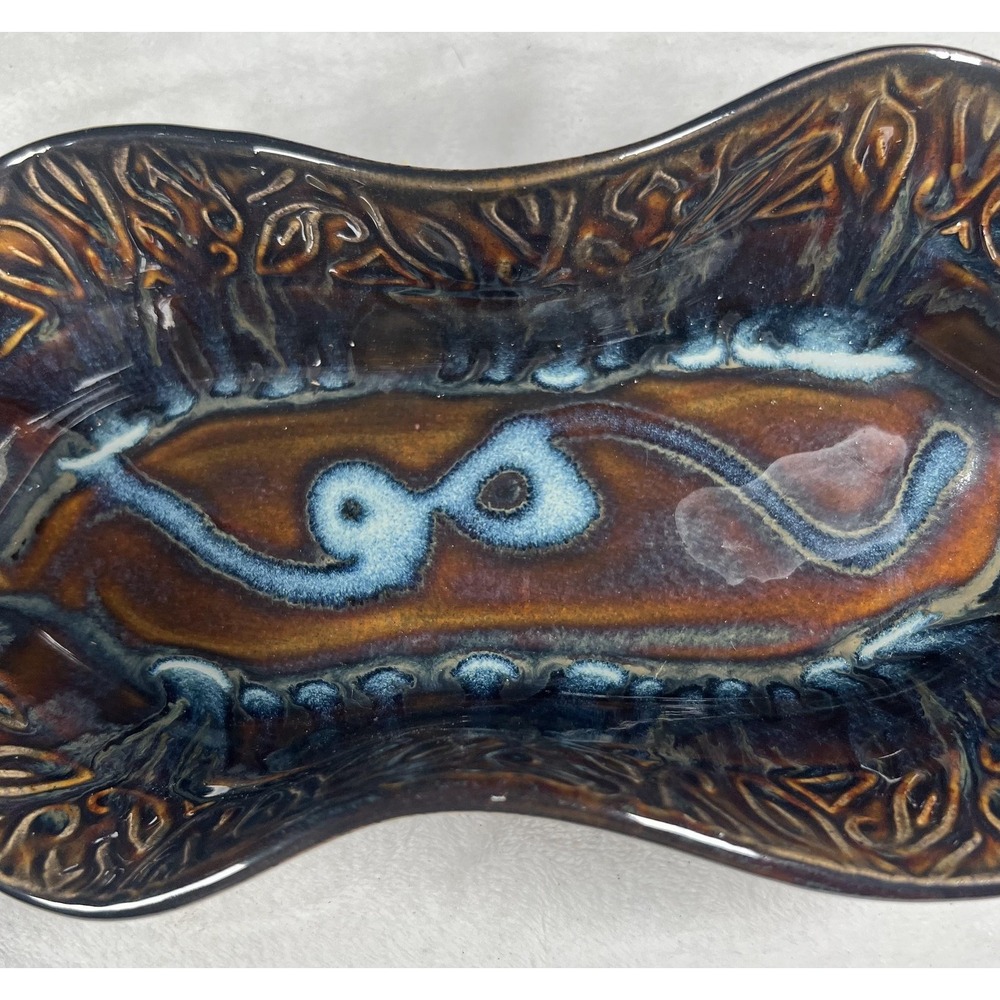 Hilborn Pottery Studio Art Ceramic Wavy Serving Tray‎ Blue Brown Glaze Signed